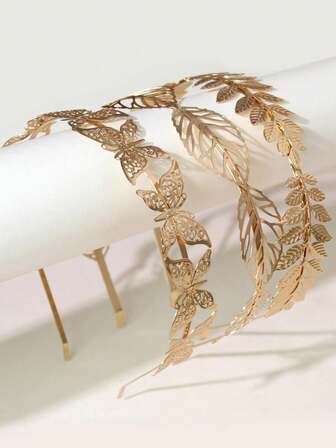 3pcs Gold Leaf & Butterfly Headbands, Metal Leaf Hair Accessories Suitable For Daily Life Or Vacation