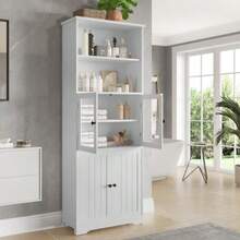 57.4 X 28.5 X 160cm Badezimmer-Hochschrank Mit Stauraum, Volllackierung, Glasschranktür, Holzschranktür, Zwei Offene Ablagefächer, Verstellbare Trennwände, Einfache Textur, White - White - View 3