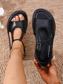 Women's Platform & Wedge Slip-On Shoes, Fashionable Casual Flat Shoes, T-Strap Hollow-Out Shoes, Black Loafers - Black - View 10
