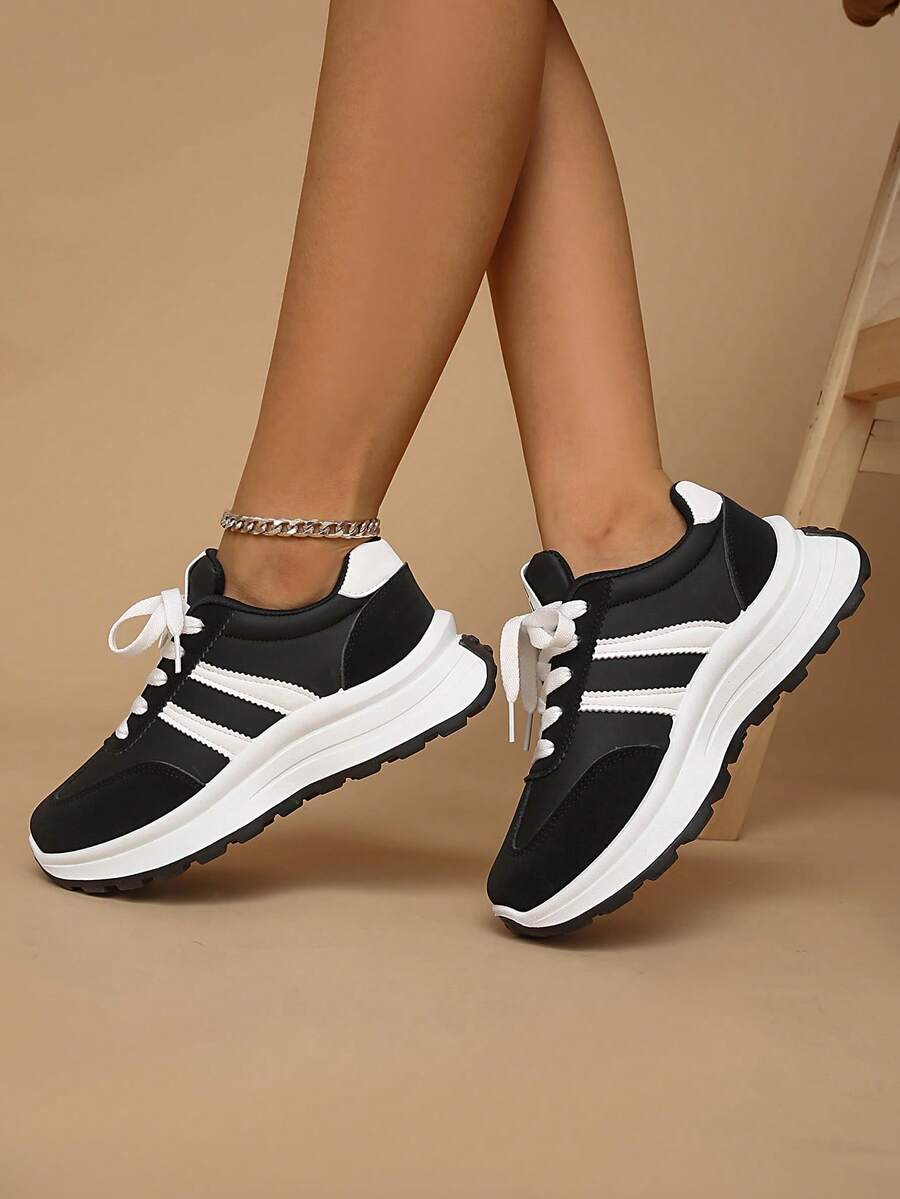 女士圆头系带厚底学生休闲舒适跑步运动鞋 - 黑色 - 查看 1