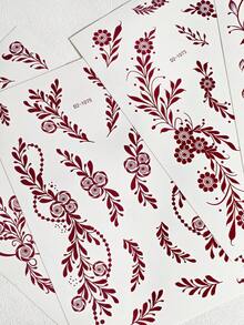 4张花卉海娜纹身贴纸，手背手臂身体临时纹身贴纸，棕色酒红色蕾丝时尚曼陀罗花卉设计假纹身，曼海蒂图案 - 棕色 - 查看 5