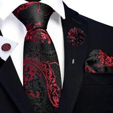 GUSLESON 8cm Paisley Tie Set For Men Necktie Lapel Pin Pocket Square Cufflinks Set For Men,Red/Black - Đỏ/Đen - Xem 3