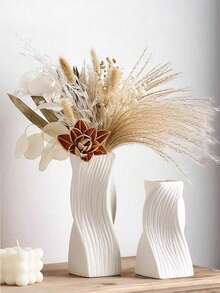 1pc Modern White Wavy Vase Set - Minimalist Rectangular Wavy Textured Plastic Neutral Vase For Elegant Floral Decor In Living Room, Bedroom, Office Desk, Dining Room Shelf, Suitable For Dried Flowers (Reed/Wheat/Cattail), Fresh Flowers (Peony/Rose/Tulip), Artificial Flowers (Artificial Reed/Artificial Ginkgo Leaf Branches/Artificial Daisy Bouquet/Artificial Baby's Breath) - Multicolor - View 7