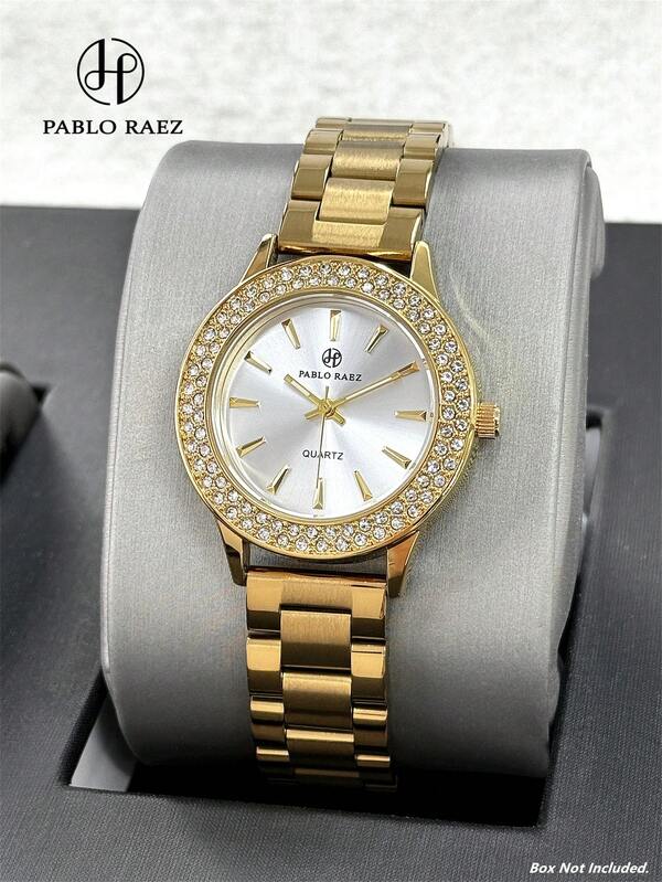  1pc 18K Gold Elegant Women's Watch By Pablo Raez, Original Charming Jewelry, Stainless Steel Watch, Luxury Diamond Ladies Watch, Never Fades, Top Brand New AAA High Quality Women's Watch, Glamorous Crystal Design, Quartz, Fashionable White Dial, Luminous Hands, Diamond Watch