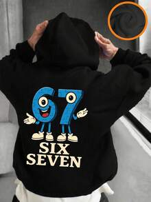 男童“意大利脑腐烂趣味数字67”图案套头卫衣，保暖舒适，内衬保暖层，适合秋冬季节穿着，适合活泼好动的男孩日常穿着、街头风和校园装扮。 - 黑色 - 查看 3