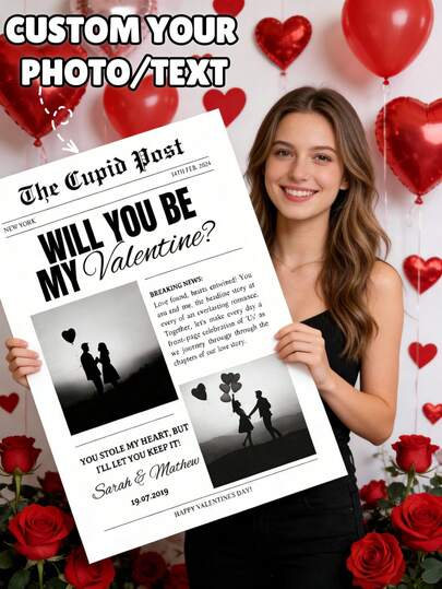 1Pc Custom Valentine's Day Canvas Or Poster – Personalized With Photo And Text, Vintage Filter Cupid Newspaper Style Wall Art, Romantic Couple Gift, Suitable For Girlfriend, Boyfriend, Wife, Husband & Love Celebrations