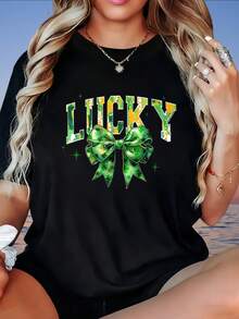 Lucky Green Bow Print T Shirt Women Casual Loose Fit Short Sleeve Top St Patrick's Day Graphic Tee Fashion Summer OutfitValentine's Day, St. Patrick's Day, Women's T-Shirt, 220g - 黑色 - 查看 4