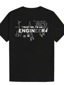 Camiseta Temática para Hombres con el Eslogan Confía en Mí, Soy Ingeniero y Dibujos Técnicos - NegraBlanca Símbolos de Ciencia & Matemáticas (Engranajes, Turbina, Microscopio) – Ropa Casual Veraniega para Ingenieros, Estudiantes STEM e Outfits Cotidianos - Negro - Ver 1