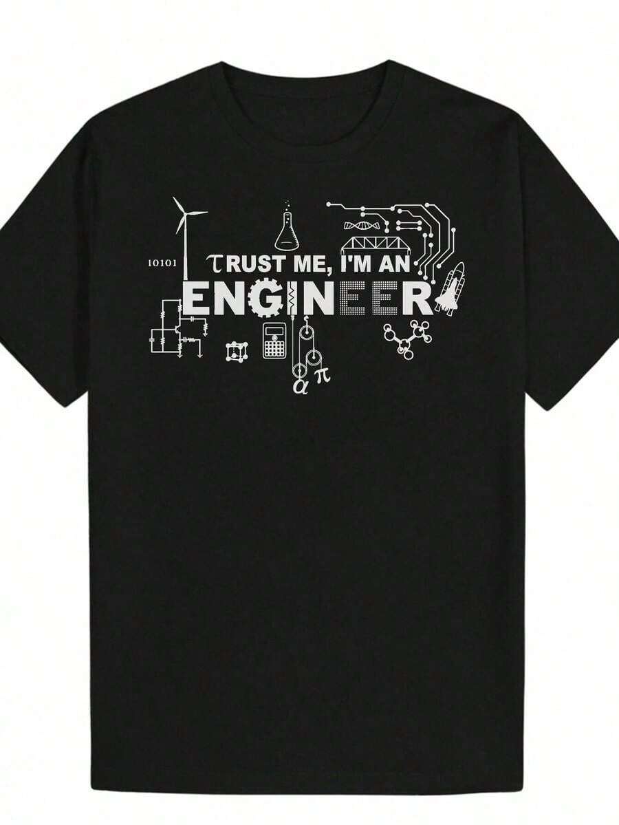 Camiseta Temática para Hombres con el Eslogan Confía en Mí, Soy Ingeniero y Dibujos Técnicos - NegraBlanca Símbolos de Ciencia & Matemáticas (Engranajes, Turbina, Microscopio) – Ropa Casual Veraniega para Ingenieros, Estudiantes STEM e Outfits Cotidianos - Negro - Ver 1