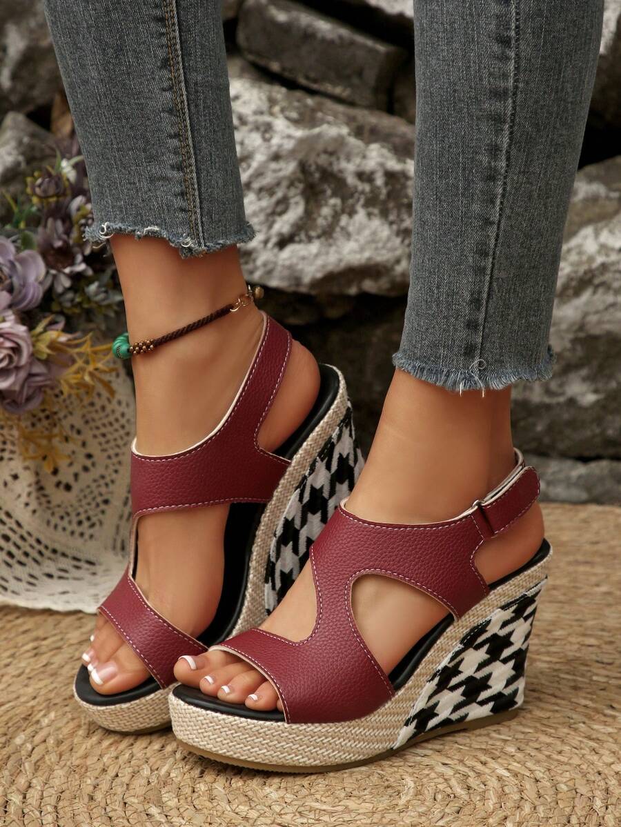 Red & Black Houndstooth Platform Wedge Sandals, Versatile, Sexy, Peep Toe Ankle Strap Wedge Heels With Backless Design, Women's Thick Sole Wedge Sandals, Fashion High Heel Sandals With Cross-Border Code, Woven Straw Rope Design, Comfortable Wedge Lace-Up High Heel Sandals, Plus Size, Flat Platform Style, Fashionable Lace-Up Thick Sole High Heel Sandals - Red - View 1