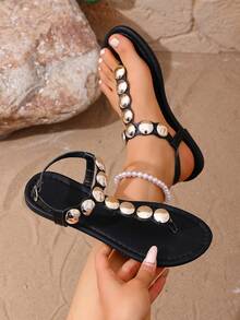 Women's Summer New Solid Color Toe Post Rivet Buckle Flat Sandals, Fashion Versatile Casual Holiday Sandals - Black - View 8
