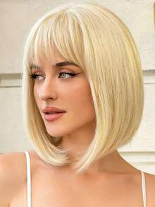 باروكة بوب ذهبية أنيقة مقاس 12 بوصة مقاومة للحرارة كثيفة الكثافة مع غرة، مناسبة للارتداء اليومي والحفلات