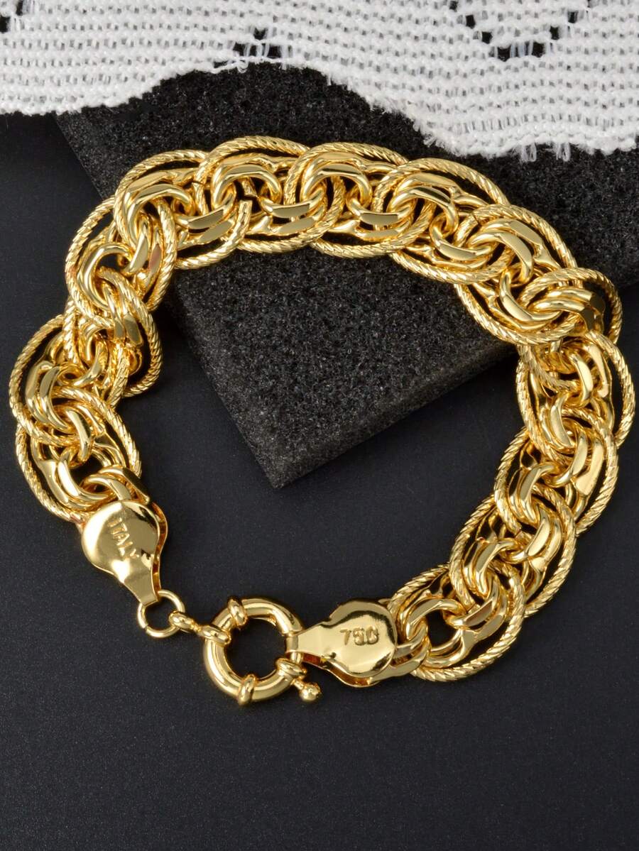 1 pieza Elegante pulsera de cadena de latigazo chapada en oro italiano de 18K, diseño de anillo en O, accesorio de moda versátil para mujeres - Amarillo Oro - Ver 1