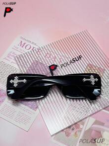 Diamond Heart Cross 1 pieza Gafas de moda cuadradas retro para mujer, de alta gama para rostro ancho y estilizador, con montura cuadrada pequeña de estilo europeo y americano con , decoradas con cristales de corazón y cruz, incluye (estuche de gafas + correa de gafas + paño de gafas) - Multicolor - Ver 3