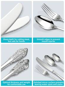 4/16/24pcs Silver/Gold Stainless Steel Vintage Cutlery Set, Steak Knife, Fork Spoon Dessert Spoon, For Home Kitchen Hotel Restaurant Party Festival Thanksgiving Easter Christmas Wedding, Home & Hotel Restaurant Tableware Combination, Kitchen Knife, Gift Cutlery Set, Western Restaurant Birthday Holiday Anniversary Cutlery Set, Machine Washer Washable