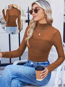 Women's Coffee Mesh Sheer Long Sleeve Pleated Blouse, Sexy Fitted High Neck, Fashionable Versatile All-Match, Suitable For Commuting, Business, Early Spring & Autumn/Winter - Mocha Brown - View 1