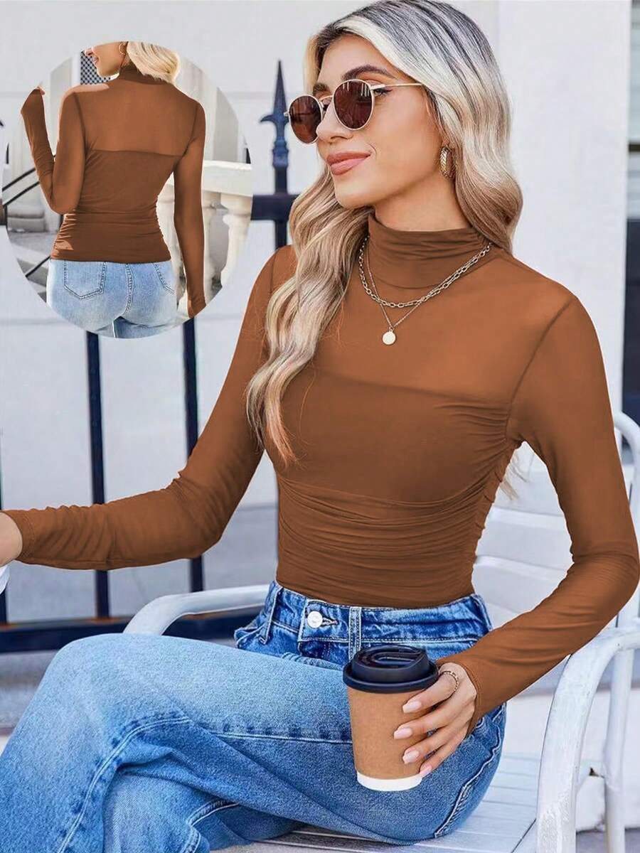 Women's Coffee Mesh Sheer Long Sleeve Pleated Blouse, Sexy Fitted High Neck, Fashionable Versatile All-Match, Suitable For Commuting, Business, Early Spring & Autumn/Winter - Mocha Brown - View 1