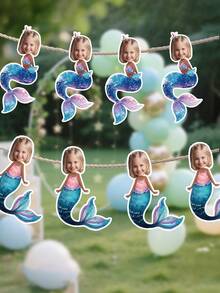 7/14/21pcs Customized Mermaid Theme Face Photo Banner, Personalized Birthday Party Backdrop Wall Hanging, Underwater Scene Happy Birthday Party Decoration, Birthday Gift - Blue - View 4