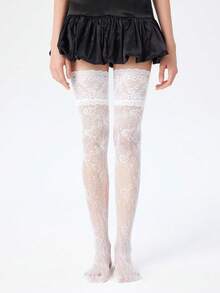 女士蕾丝性感长筒袜，及膝蕾丝花边透明黑白连裤袜，优雅丝袜 - 蕾絲襪01 - 查看 8