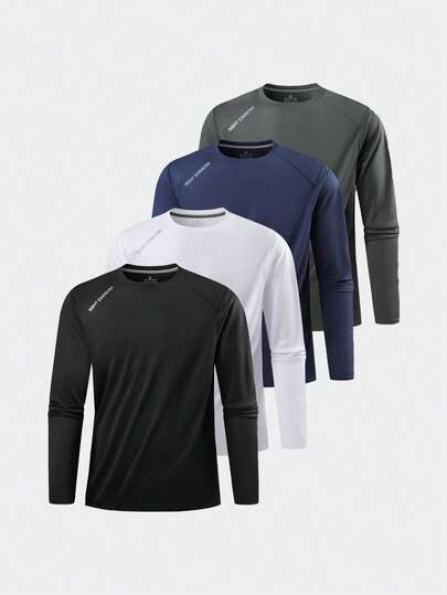 男士速干长袖健身打底圆领运动衫，适合跑步，春秋季