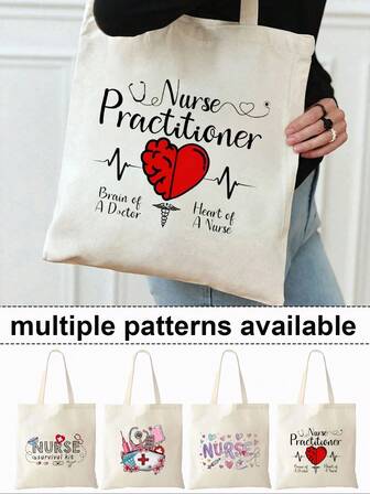 1pc Nurse Tote Bag, Lightweight Large Capacity Shoulder Bag, Suitable For Nurses' Daily Commute, Shopping, School Use, Made Of Canvas, Can Store Nursing Essentials, Crochet Supplies, DIY Tools, Reusable, Decorated With Heart And Stethoscope Patterns, Ideal Gift For Nurses' Week And Nursing Students
