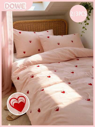 3pcs/Set 100% Polyester Heart Embroidery Duvet Cover Set (Duvet Insert Not Included) - Soft & Lightweight Bedding, (1pc Duvet Cover + 1/2pcs Pillow Shams), Cute Floral Embroidery Bedding Set, Suitable For Bedroom, Home Decor And Dorm, Comfortable All Season