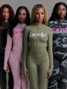 Slim-Fit Letter Print Zipper 2-Piece Set - Women's Fall Hooded Long Flare Pants Tracksuit - Màu xanh Ô liu - Xem 3