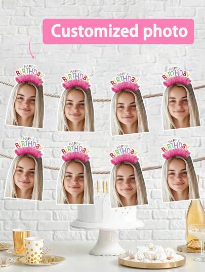 7/14/21pc Custom Face Birthday Happy Headband Banner, Personalized Fun Photo Garland, 30th 40th 50th 60th Birthday Party Backdrop Hanging Decoration,Happy Birthday Bunting,Funny Birthday Decorations,Personalized Gifts