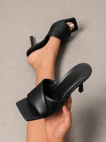 Women Minimalist Summer Heeled Mule Sandals, Fashion Stiletto Square Open Toe Heeled Sandals - 黑色 - 查看 3