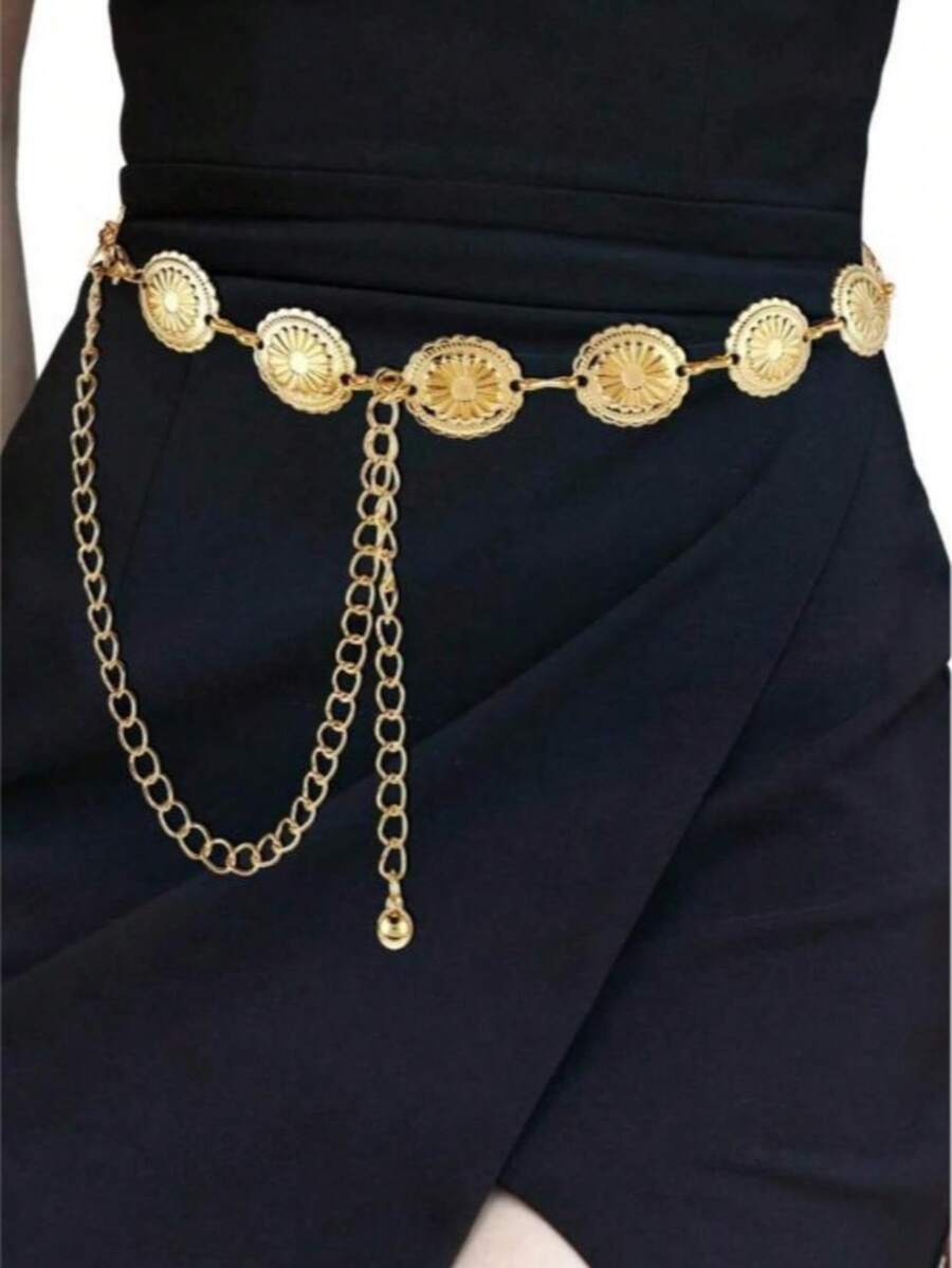 1pc Women's Plus Size Vintage Printed Oval Waist Chain. Suitable For Daily Wear Decoration. Can Be Used For Commuting, Festivals, Parties And Weddings, Etc. - Gold - View 1