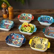 1pc Bohemian Style Set. Rectangular Double Handle Bowl Suitable For Salad, Snacks, Baking, Oven & Microwave - Multicolor - View 3