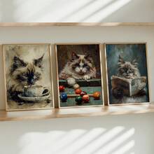 3件套抽象帆布印刷墙画，布偶猫水彩艺术海报，适合家居装饰、房间装饰、卧室装饰、客厅装饰、浴室装饰、墙面装饰，可选带框墙画。 - 彩色 - 查看 4