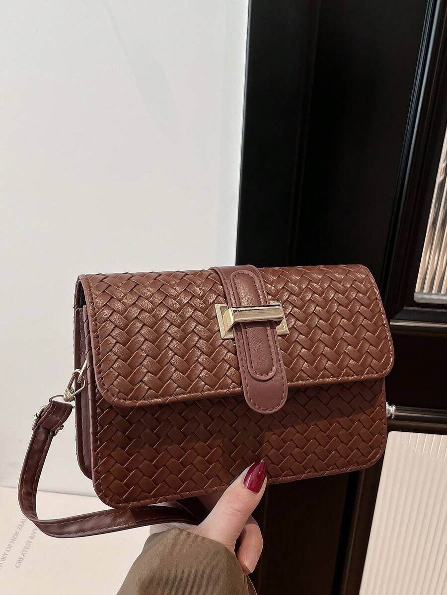 1个迷你纯色编织纹理方形包,金属扣装饰,可调节肩带,女士斜挎翻盖包,适合日常使用、购物、约会 - 咖啡棕 - 查看 1