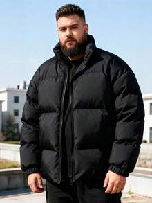 男士纯色加大码加厚长袖羽绒服，1件装，秋冬季 - 黑色 - 查看 1