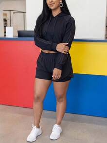 1pc Plus Size Women's Shorts, 2-In-1 Solid Color Lining 2 In 1 Sports Pants, Elastic Waist Two Pieces Set, Suitable For Running, Sports, Yoga, Fitness In Summer Black - Black - View 7