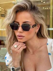1 pieza Accesorio de gafas de moda de metal poligonal, gafas versátiles y únicas de estilo retro adecuadas para uso diario, estilo callejero, vacaciones, viajes, accesorios de playa de verano, accesorio para mujer - Negro - Ver 2