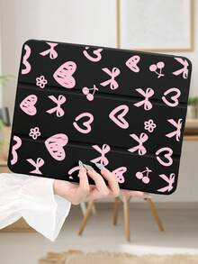 A Tablet Case With A Pink Bow And Heart Pattern, Suitable For IPad Air 4/5 10.9-Inch And IPad 8/9 10.2-Inch. It Features A Black Flip Design, A Pen Slot, And Enhanced Heat Dissipation. - Black - View 4