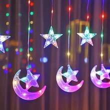 1pc 78.74inch Ramadan Star Moon LED Curtain Decoration String Light | Suitable For Ramadan, Valentine'S Day, New Year, Coffee Shop, Bedroom Wall, Wedding Party, Room Window Decoration - Battery Powered, Without Battery
