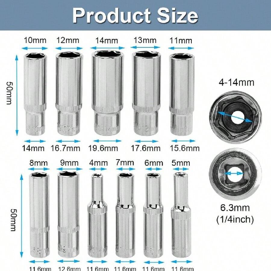 11pcs 1/4" Drive Deep Metric Socket Set, 6-Point Design Deep Sockets, CR-V Steel, 4-14mm, Silver