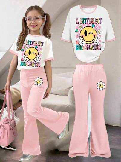 2pcs/Set Girls Summer Loose Casual T-Shirt And Flare Pants Outfit, Cute Printed Long Pants Set, Suitable For Home, Outdoor Activities & Daily Wear