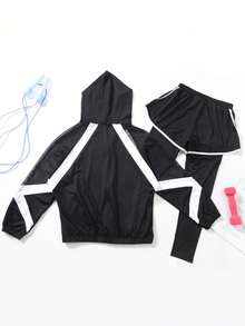 女士极简运动套装，黑色网眼外套，二合一运动裤，健身服，适合瑜伽和骑行