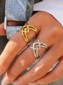 2pcs/1pc Vintage Geometric Thick Stainless Steel Open Rings For Women, Minimalist, Jewelry Accessories For Women's Daily Use - Multicolor - View 1