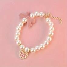 1 Piece Dog Cat Pearl Collar, Heart Pendant Pet Necklace Cute Girl Dog Collar With Bow Adjustable Wedding Pet Jewelry Accessories, Suitable For Small Dogs And Cats - Pink - View 5