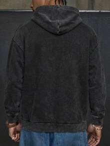 秋季和春季男士水洗做旧拉链连帽衫； - 黑色 - 查看 2