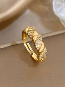 18K Gold Plated Elegant Braided & Full Zirconia Stainless Steel Bangle Bracelet & Ring Set, Women's Luxury Jewelry Set, For Valentines, Party, Gala, Daily, Dating, Gras, New Years, Wedding, Beach, Christmas Anniversary, Elegant Mom Gift Boho Jewelry Birthday Bridesmaid Gift