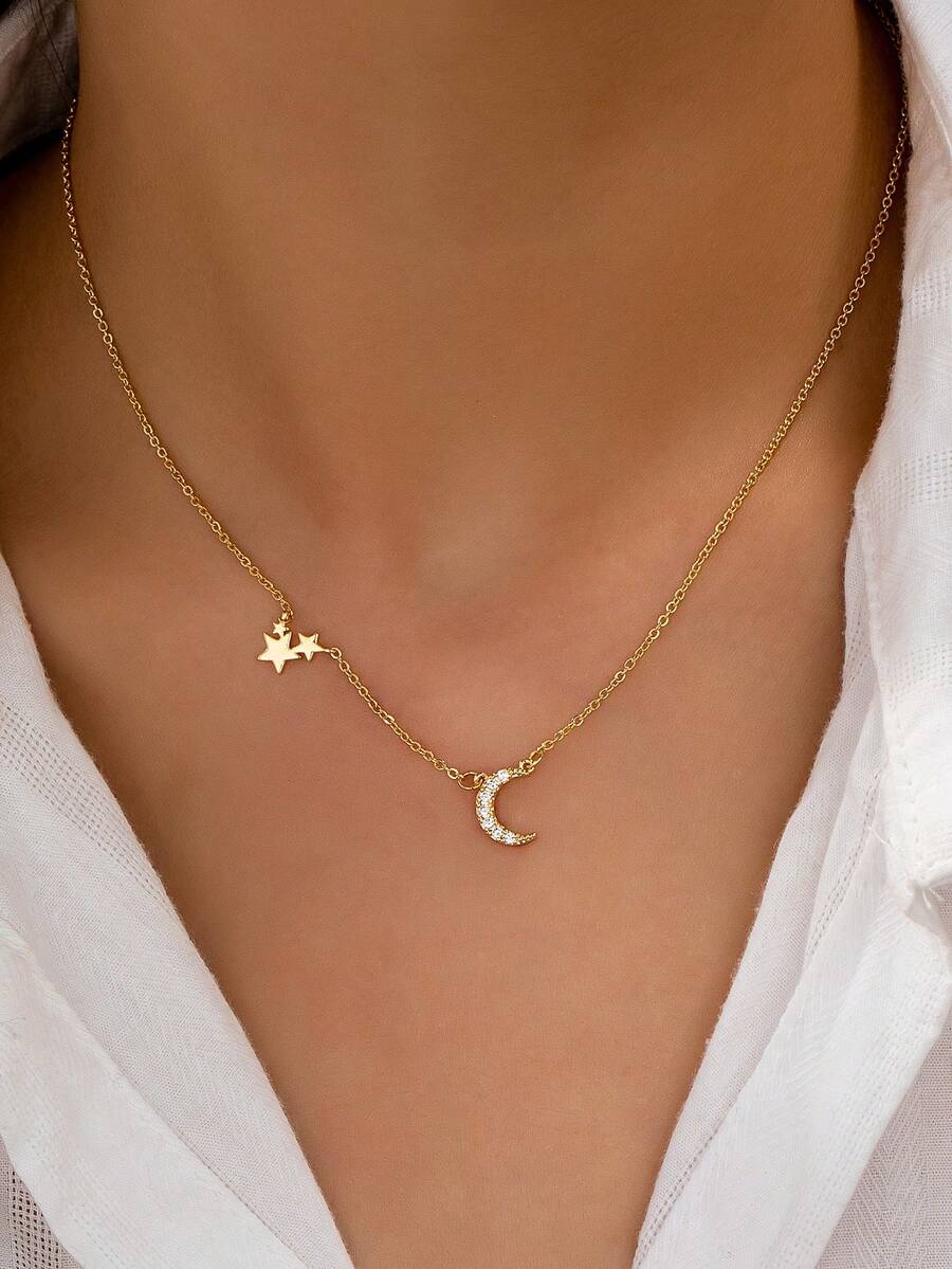 1 Pc Delicate Star Moon Necklace For Women Luxurious Zirconia Starburst Moon Pendant Necklaces Jewelry - Star and Moon Pendant Chain Necklace - View 1