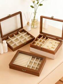 Hộp đựng trang sức cổ điển 3 tầng bằng gỗ óc chó, kiểu ngăn kéo, dùng để đựng nhẫn, bông tai, hộp đựng trang sức bằng nhựa trong suốt và nhung, hộp đựng trang sức thanh lịch cho nhẫn, dây chuyền, vòng tay, bông tai và mặt dây chuyền, trang trí phòng trang điểm. - Nhiều màu - Xem 8