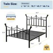Allewie 14 Inches Twin/Full/Queen/King Size Metal Platform Bed Frame With Elegant Crown Headboard & Footboard, Sturdy Mattress Foundation With Under-Bed Storage, Easy Assembly, No Box Spring Needed, Black - 黑色 - 查看 8