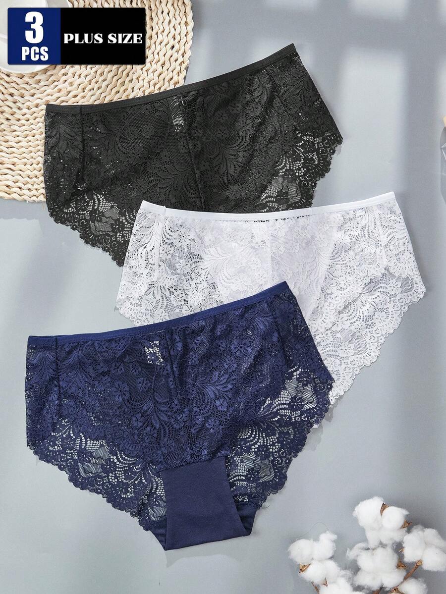 3 piezas Bragas elegantes de talla grande con parches de encaje de unicolor - Multicolor - Ver 1