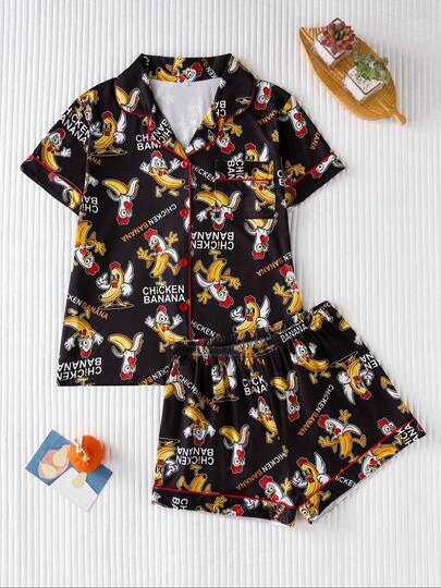 2pcs Funny Chicken & Banana Print Women Pajama Set, Loose Lightweight Button-Up Short Sleeve Top And Shorts, Women Sleepwear Suit